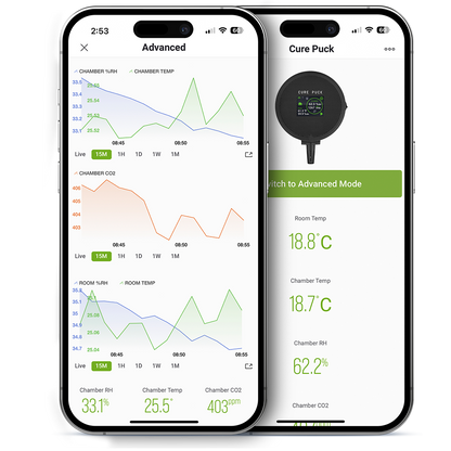Twister Cure Puck Gen 2 — mobile app showing chamber and room readings