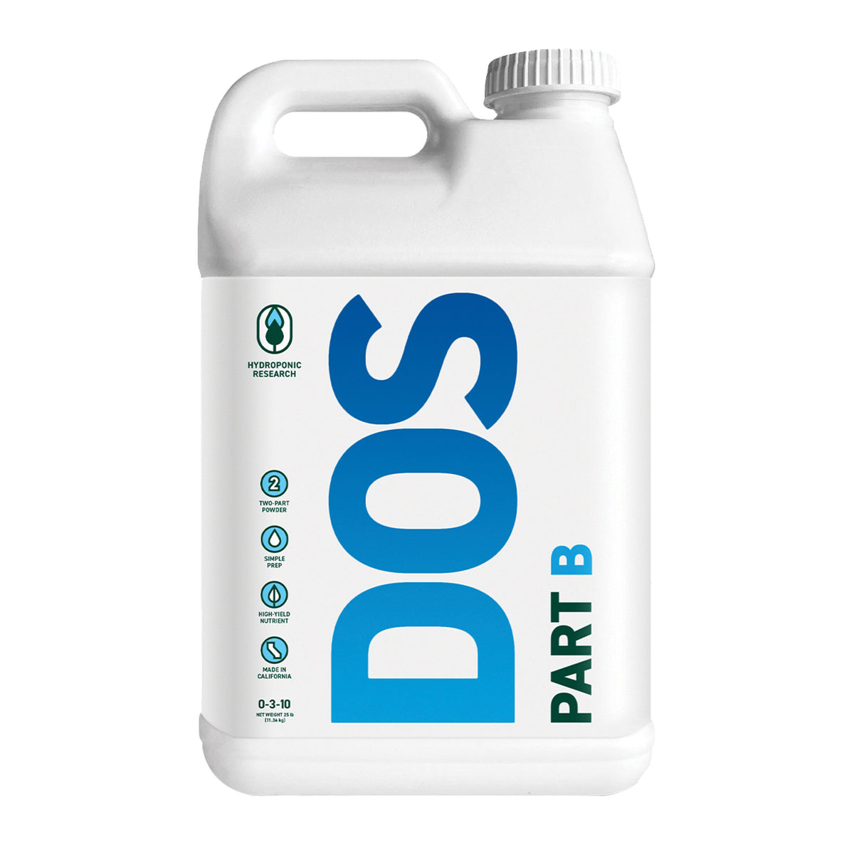 Veg+Bloom DOS Part B – white 25lb jug with two-part-powder and made-in-California icons, NPK 0-3-10