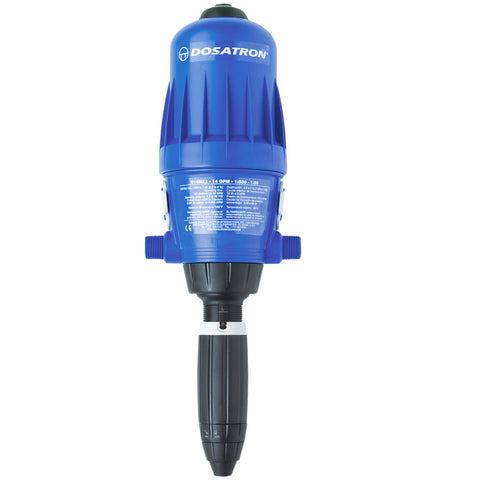 Veg+Bloom Dosatron – D14MZ2 injector showing inlet/outlet ports and dosing ratio dial on the rating plate