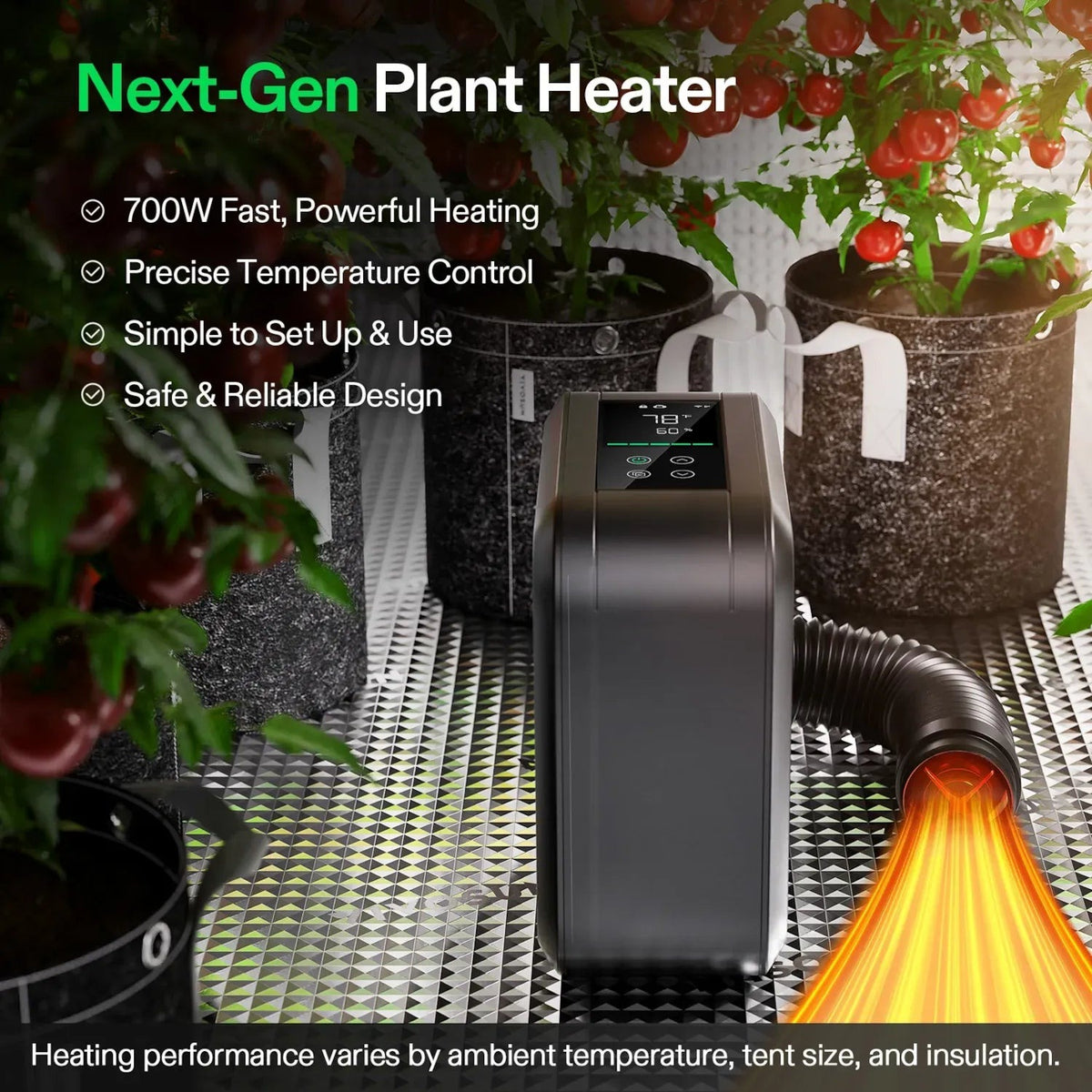 VIVOSUN AeroFlux Smart Grow Tent Heater inside a grow tent, showing the control panel display and warm-air hose