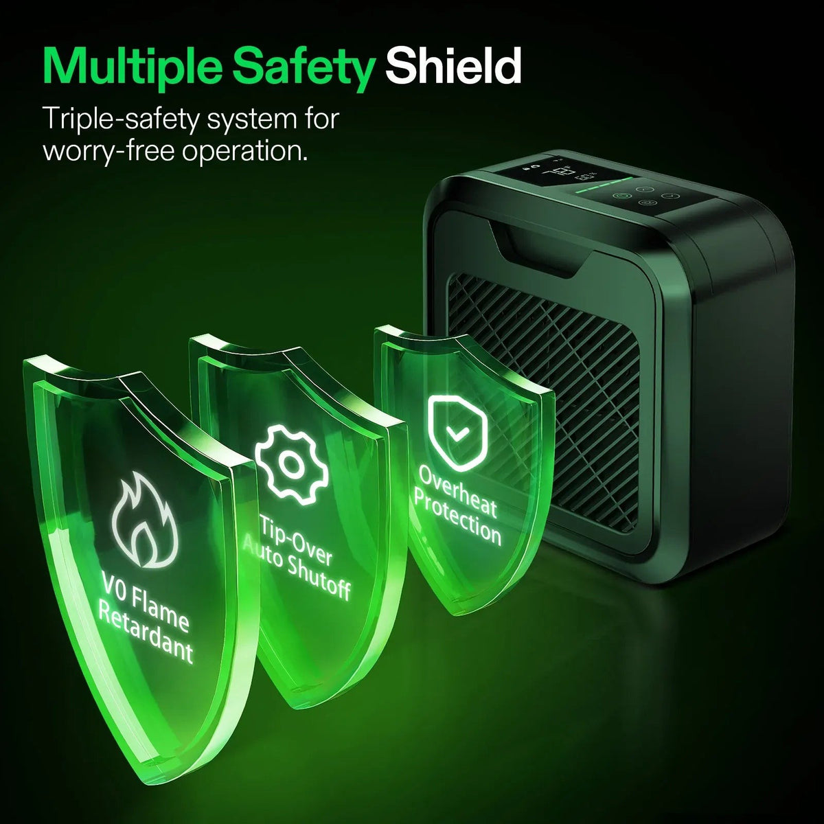 VIVOSUN AeroFlux Smart Grow Tent Heater safety: V0 flame retardant, tip-over shut-off, overheat protection
