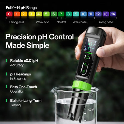 VIVOSUN AeroLab P30 pH Pen — reading pH in a beaker, 0–14 pH range