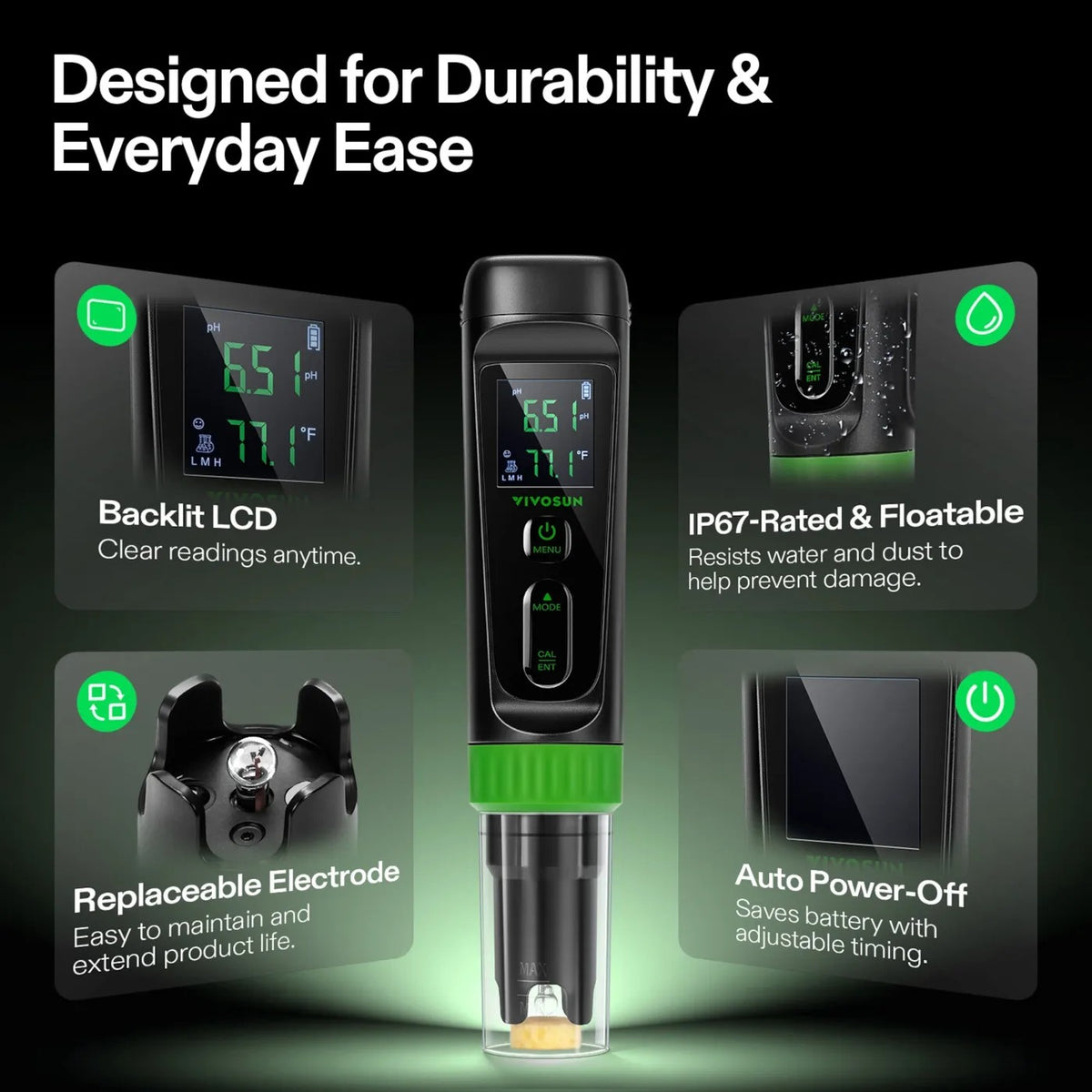 VIVOSUN AeroLab P30 pH Pen — IP67 body, replaceable electrode and auto power-off