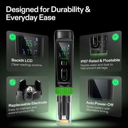 VIVOSUN AeroLab P30 pH Pen — IP67 body, replaceable electrode and auto power-off