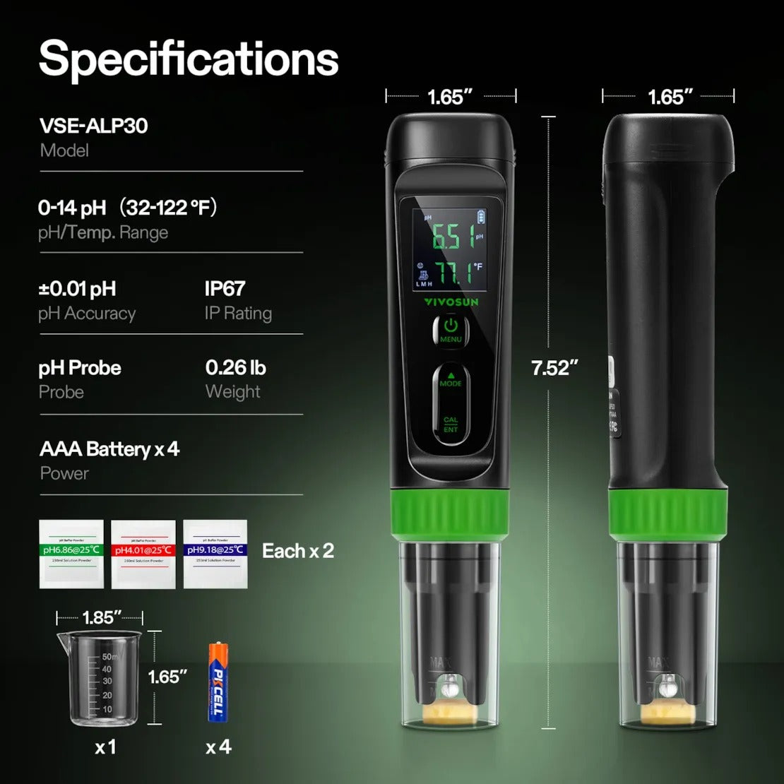 VIVOSUN AeroLab P30 pH Pen — specifications and what is in the box