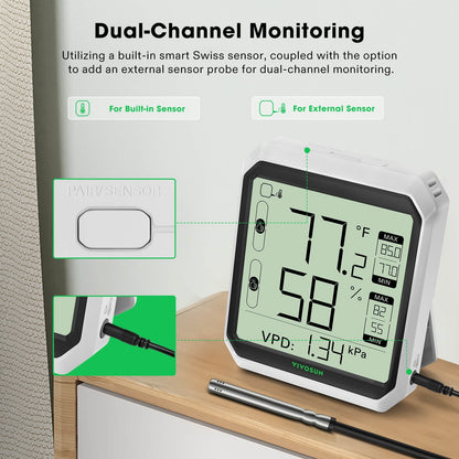 VIVOSUN AeroLab THB1S dual-channel monitoring with built-in sensor and external probe