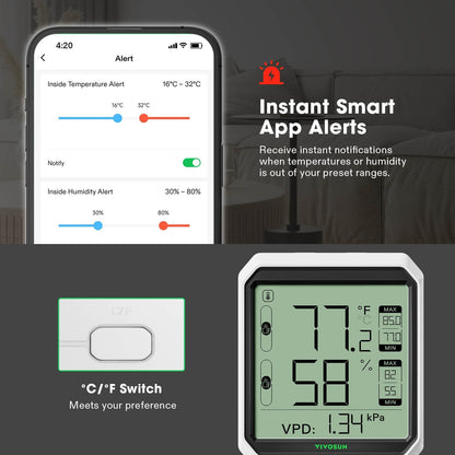 VIVOSUN AeroLab THB1S app alerts and °C/°F switch