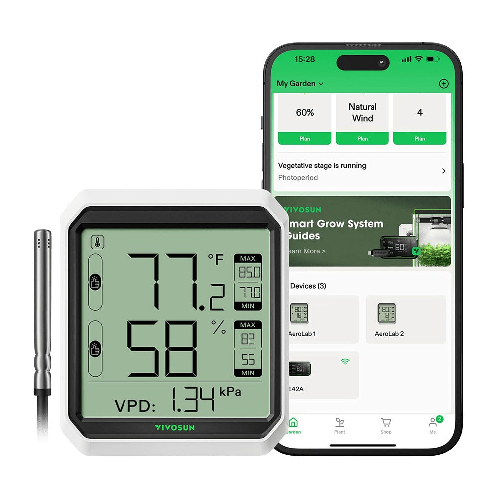 VIVOSUN AeroLab THB1S Hygrometer with external probe and the VIVOSUN app