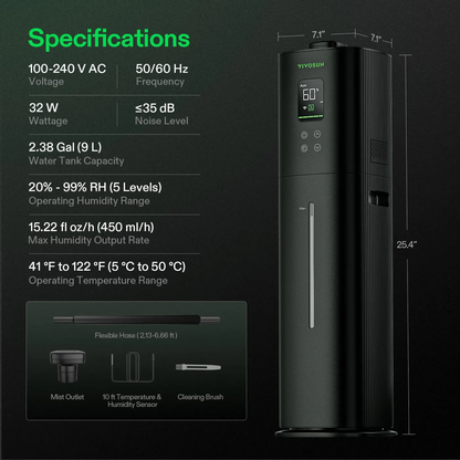VIVOSUN AeroStream H09 9L humidifier specifications and dimensions