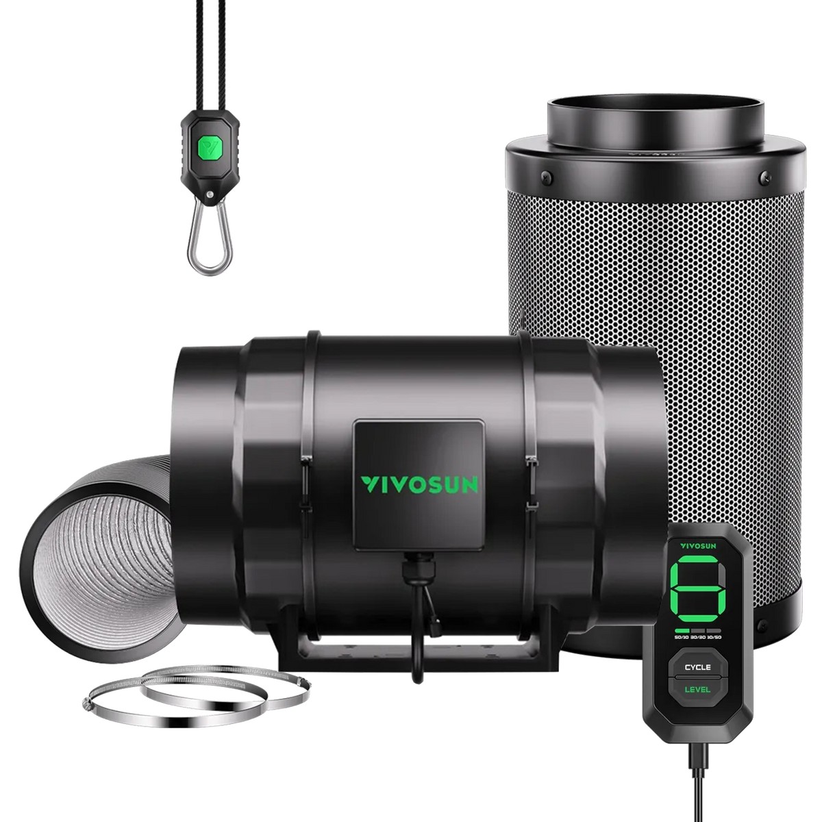 VIVOSUN AeroZesh S8 8 inch inline fan, carbon filter, ducting and speed controller