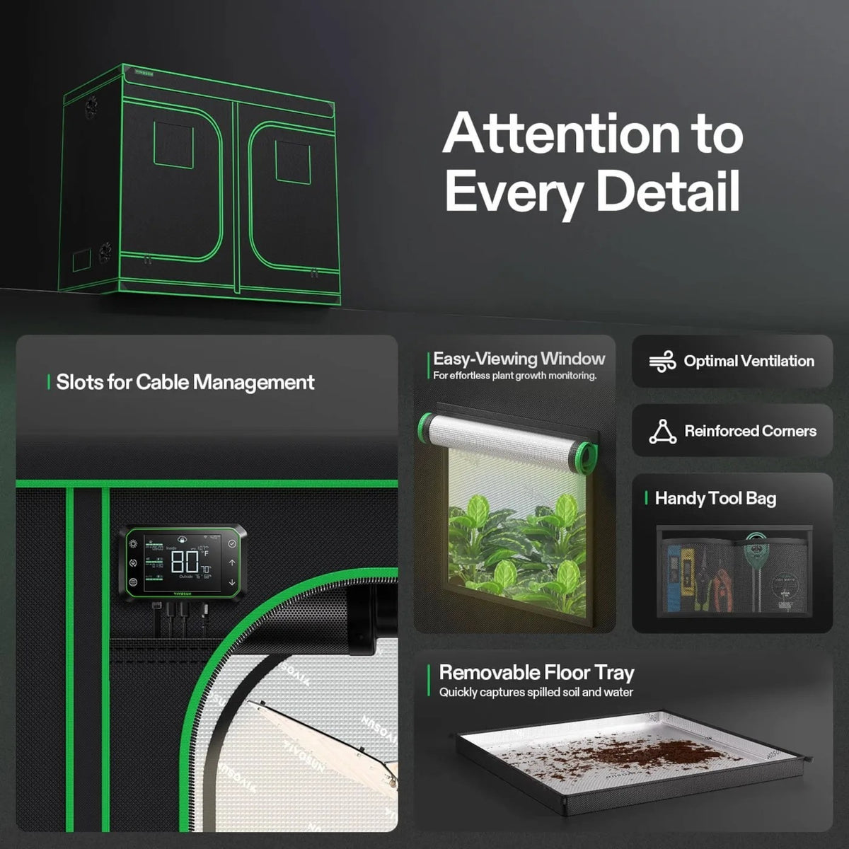 VIVOSUN Grow Tent details: cable management slots, viewing window, ventilation, reinforced corners, tool bag and removable floor tray