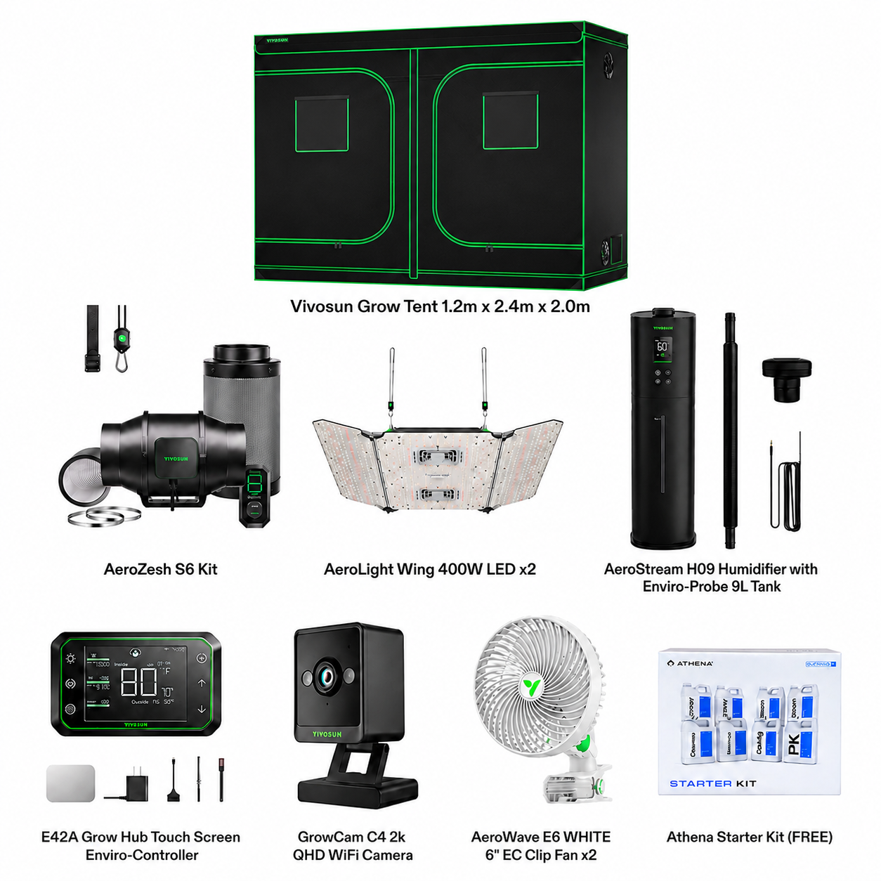 VIVOSUN Smart Grow Tent Kit 1.2m x 2.4m x 2m full contents list
