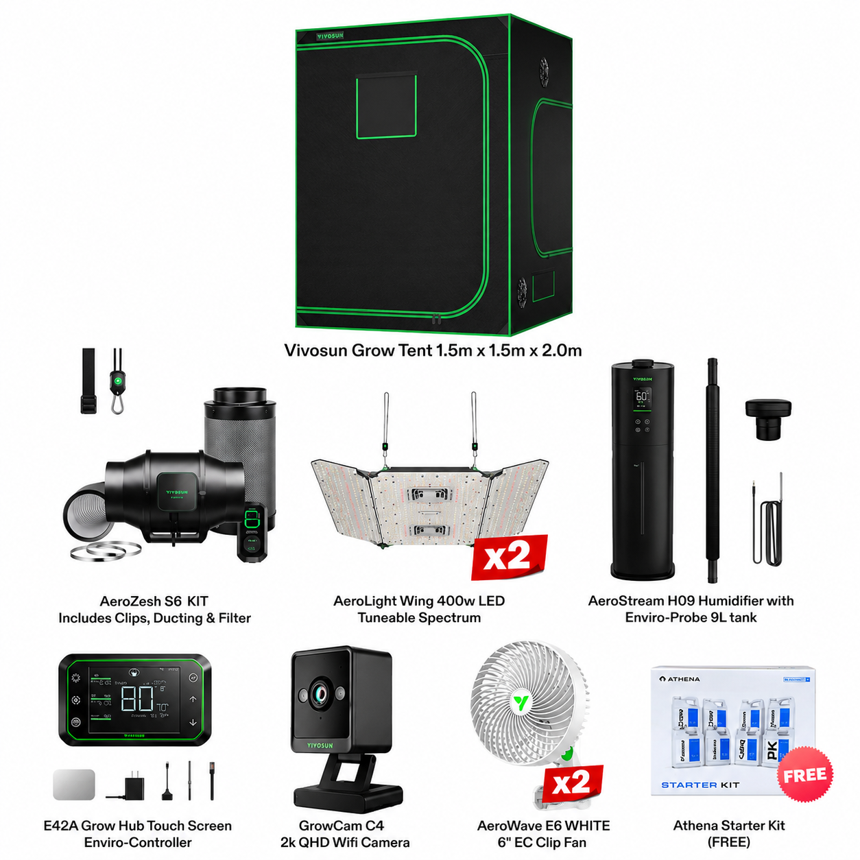 VIVOSUN Smart Grow Tent Kit 1.5m x 1.5m x 2m full contents list