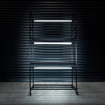 X-Stream Propagation Racking — empty rack with LED bars lit on every tier