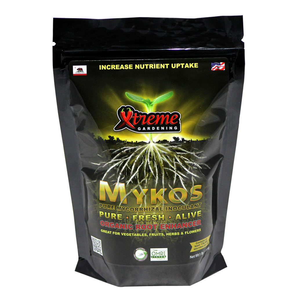 Xtreme Gardening Mykos, black stand-up pouch of granular mycorrhizal inoculant
