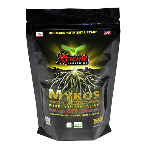 Xtreme Gardening Mykos, black stand-up pouch of granular mycorrhizal inoculant